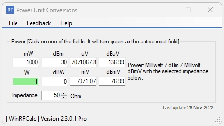 Convert power units in a 50 Ohm system